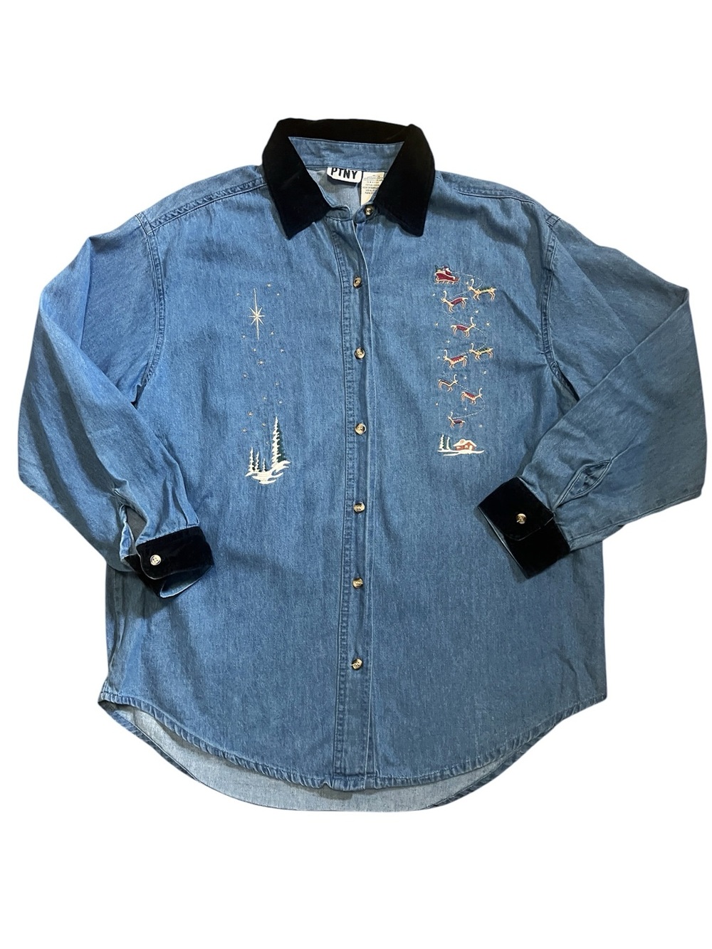 Vintage Denim Button-Down Shirt with Velvet Collar and Christmas Embroidery M